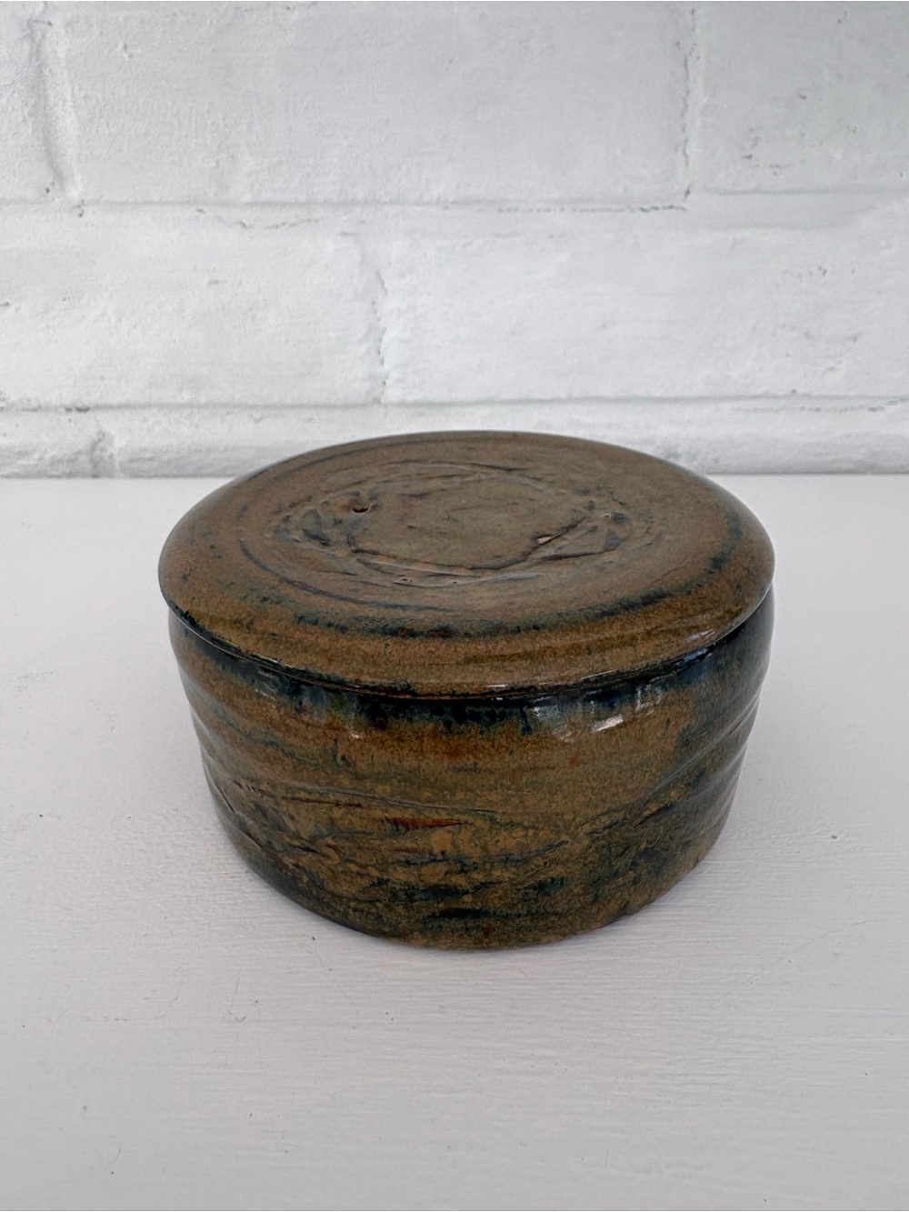 Butter Bell Crock Handcrafted Pottery Brown and Blue